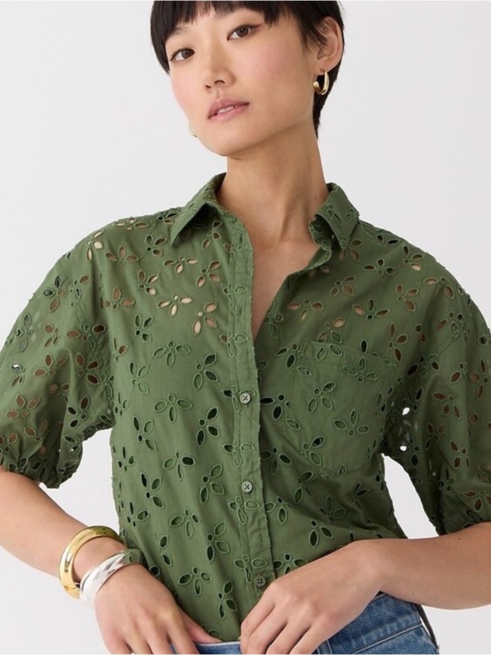 J. Crew Olive Green Spring Garden Eyelet Button-up Blouse